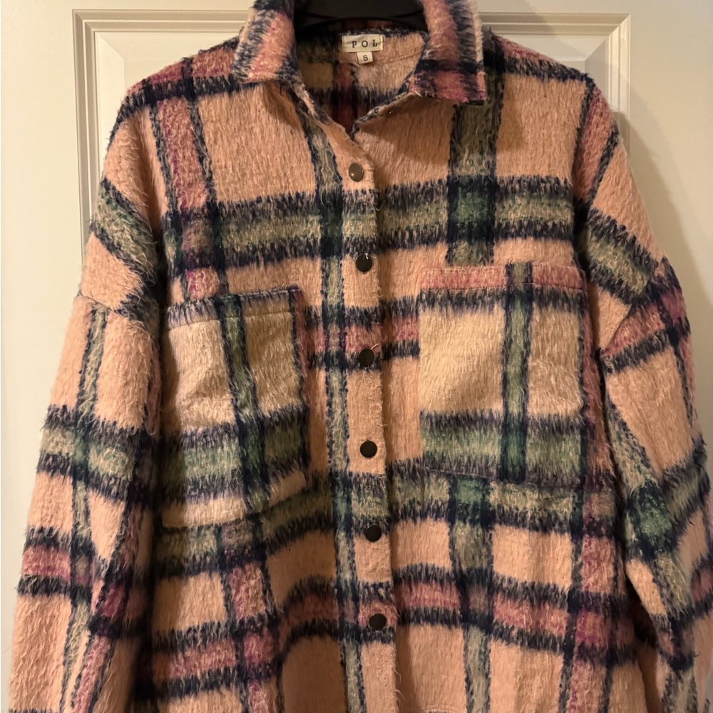 POL Plaid Teddy Jacket in Pink and Green